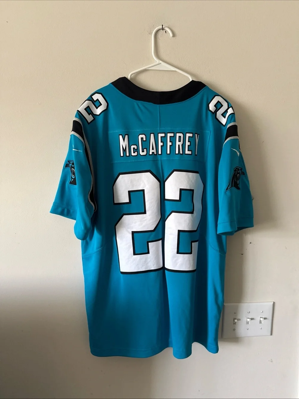 Carolina Panthers #22 Teal NFL Jersey with Keep Pounding Collar
